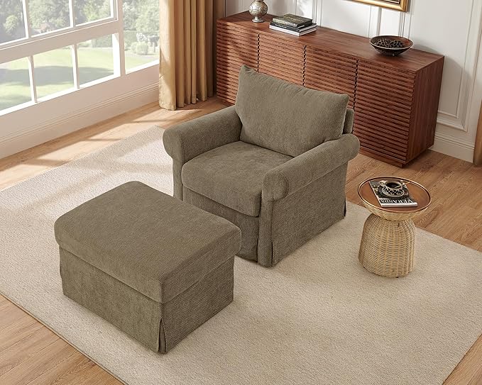 Modern Living Room Chairs with Ottoman, Comfy Chenille Reading Armchair with Rolled Arms and Cushion Backrest, 35.8"W Oversized Chaise Lounge Chair for Bedroom, Study, Apartment, Coffee Brown