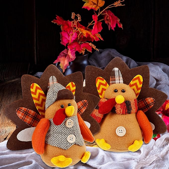 Lulu Home Thanksgiving Tabletop Decoration - Set of 2 Plush Standing Turkey Couple & Shelf Sitters Centerpiece - Fall Home Decor