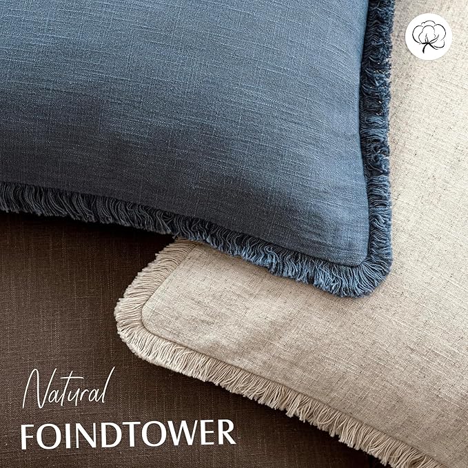 Foindtower Set of 2 Decorative Linen Fringe Throw Pillow Covers Cozy Farmhouse Cushion Cover with Tassels Accent Pillowcase for Couch Chair Sofa Bed Living Room Home Decor,20×20 Inch,Dark Blue