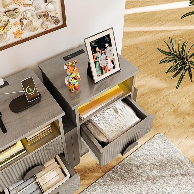 LGHM Set of 2 Large Fluted Nightstand with Charger Station Lights,20.47" W Night Stand with 2 Drawers, Accent Bedside Table and End Table,Semicylinder Drawer Front,Stable Raising Legs,Gray