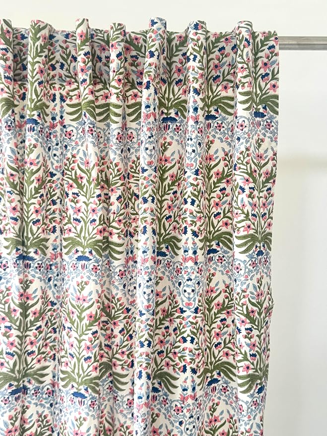 ATOSII 100% Cotton Single Panel Block Print Curtain, Easy Hanging with Rod Pocket & Loop, Living Room, Dining Room, Bedroom Light Filtering Boho Curtains, Set of 1, 60" W X 108" L, Nargis Light Blue