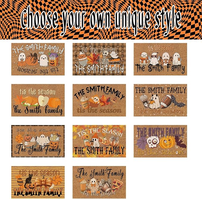 InterestPrint Personalized Halloween Family Doormat with Name Happy Ghost Custom Family Member Welcome Mat, Customized Halloween Door Mat with Name, Dog, Cat, Ghost Family Welcome Doormat