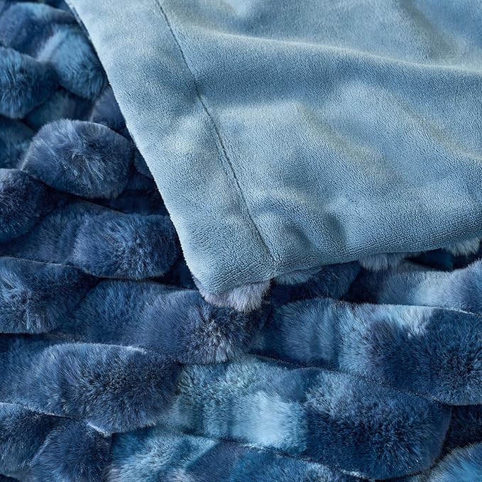 Cozy Bliss Faux Fur Throw Blanket for Couch, Cozy Warm Plush Striped Blanket for Sofa Bedroom Living Room, 108 * 90 Inches Tie-dye Blue