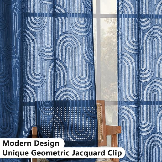 Simplebrand Sheer Dusty Blue Curtains, Kitchen & Bathroom, 42W x 36L Inches, 2 Panels Set, Modern Rod Pocket, Semi-Sheer, Geometric Jacquard