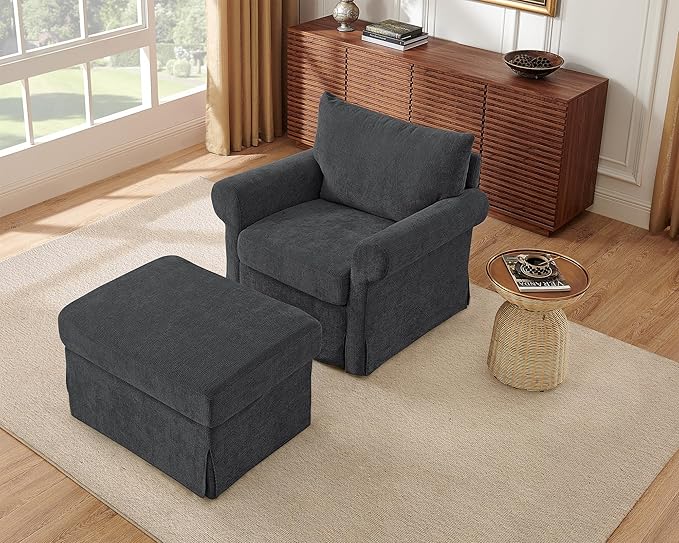 Modern Living Room Chairs with Ottoman, Comfy Chenille Reading Armchair with Rolled Arms and Cushion Backrest, 35.8" W Oversized Chaise Lounge Chair for Bedroom, Study, Apartment, Grey