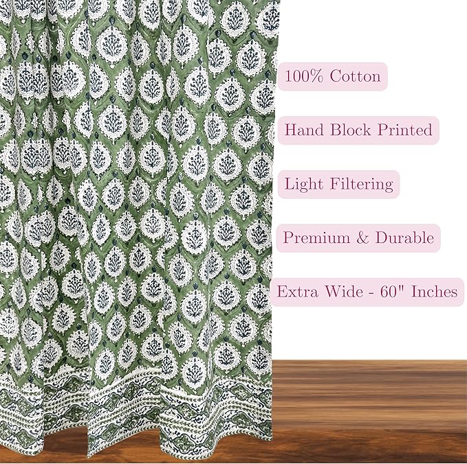 ATOSII 100% Cotton Single Panel Floral Block Print Curtain, Easy Hanging with Rod Pocket & Loop, Living Room, Dining Room, Bedroom Light Filtering Boho Curtains, Set of 1, 60" W X 96" L, Kari Green