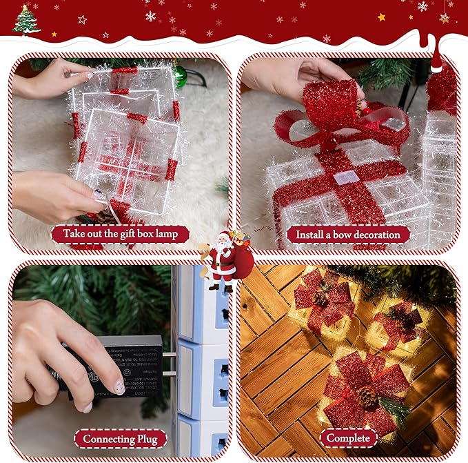 Christmas Decorations Set of 3 Christmas Lighted Gift Boxes, Pre-lit 60 LED Warm White Lights, Ornament Present Boxes Lights for Holiday, Indoor, Yard, Home, Lawn Decor (Red Bows)