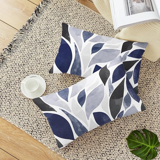 CaliTime Throw Pillow Cases Pack of 2 Cozy Fleece Falling Dahlia Floral Flowers Petals Decorative Cushion Covers for Couch Bed Sofa Farmhouse Decoration 12 X 20 Inches Navy Blue Grey