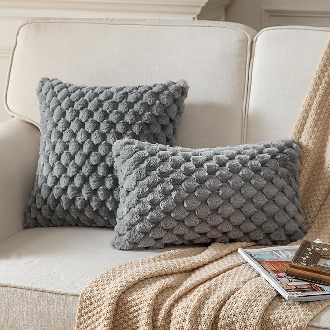 Pack of 2 Super Soft Throw Pillow Covers 12x20 Inch Faux Fur Plush Pillowcase Luxury Cozy Fluffy Decorative Cushion Cover for Sofa Couch Bed Livingroom Darkgrey