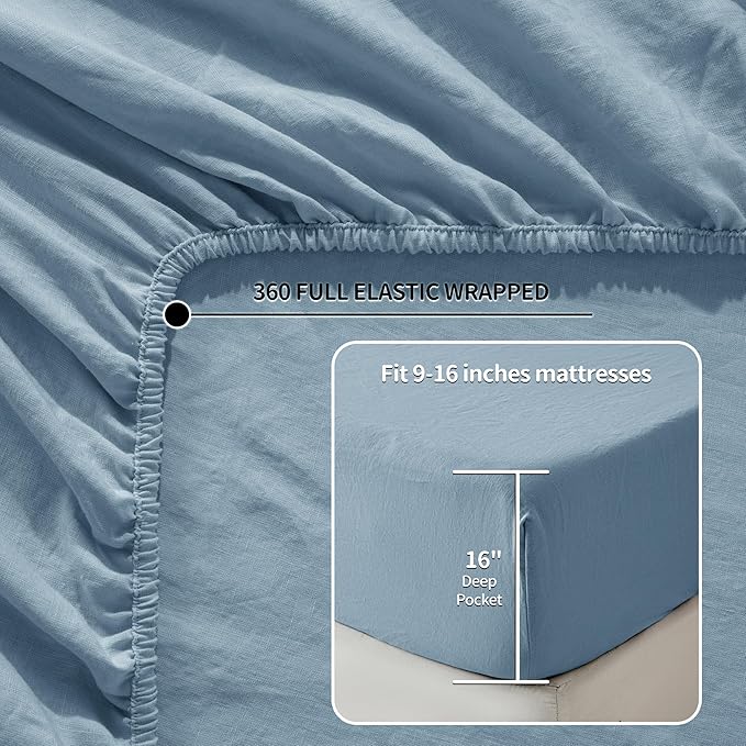 LBRO2M 100% Linen Sheet Set Full Size,Bed Sheets 4 Piece Sets,Solid Color Natural Flax Bed Sheets Soft Breathable Bedding,16" Deep Pocket,All Season (Full, Dusty Blue)