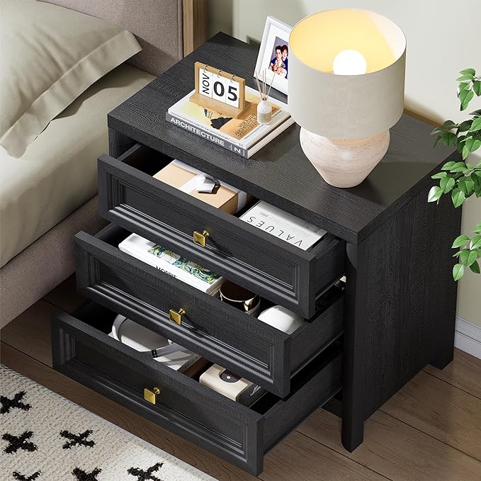 Farmhouse Black Nightstand with 3 Drawers, Rustic Bedside Table with Storage, Large Bed Side Table for Bedroom Living Room Home Office Furniture 24.8” Tall Nightstand with Gold Knobs