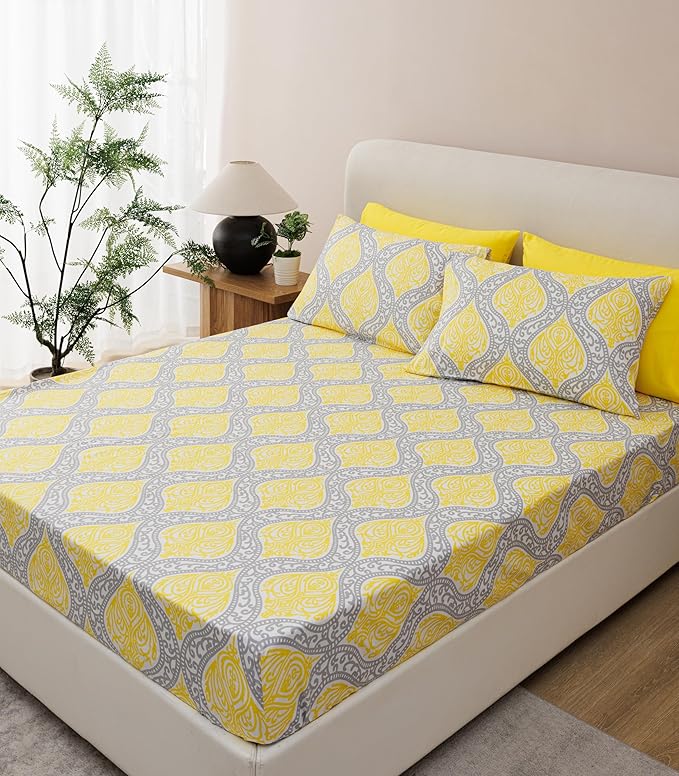 Twin Size Bed Sheets Set Deep Pockets - 6PC Floral Ultra Soft Microfiber Bed Sheets - Easy to Clean, 90 Thread Count Sheets with Fitted Sheet, Flat Sheet & Pillowcases (Grey/Yellow Medallion)