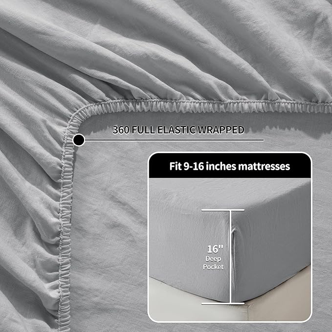 LBRO2M 100% Linen Sheet Set Twin XL Size,Bed Sheets 3 Piece Sets,Solid Color Natural Flax Bed Sheets Soft Breathable Bedding,16" Deep Pocket,All Season (Twin XL, Grey)