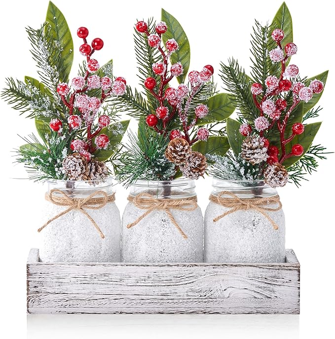 Christmas Centerpieces for Tables, Table Decor with Mason Jar, Flowers Picks, Farmhouse Wood Tray, Christmas Winter Table Decorations Centerpieces, Xmas Holiday, Kitchen, Room, Dining Decor
