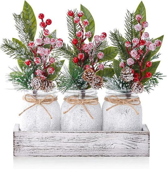 Christmas Centerpieces for Tables, Table Decor with Mason Jar, Flowers Picks, Farmhouse Wood Tray, Christmas Winter Table Decorations Centerpieces, Xmas Holiday, Kitchen, Room, Dining Decor