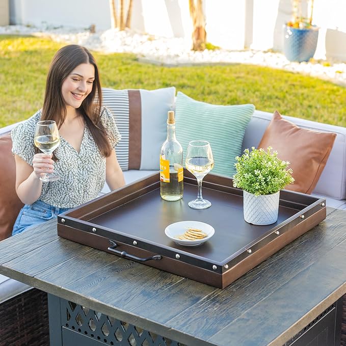 24"x24" Extra Large Square Ottoman Tray, Heavy Duty Mango Wood, for Serving Tea, Breakfast in Bed, Living Room Large Coffee Table Tray Rustic with Farmhouse Style, Decorative Handles and Accent Strap