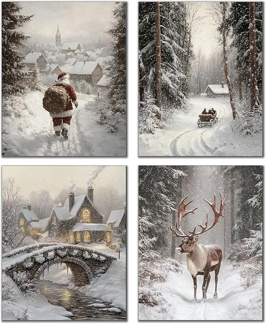 DOFQZ Winter Christmas Wall Art Prints Set of 4, Farmhouse Christmas Decor, Rustic Winter Santa Reindeer Forest Village Landscape Posters for Home Bedroom Living Room Decor, 8x10 Unframed