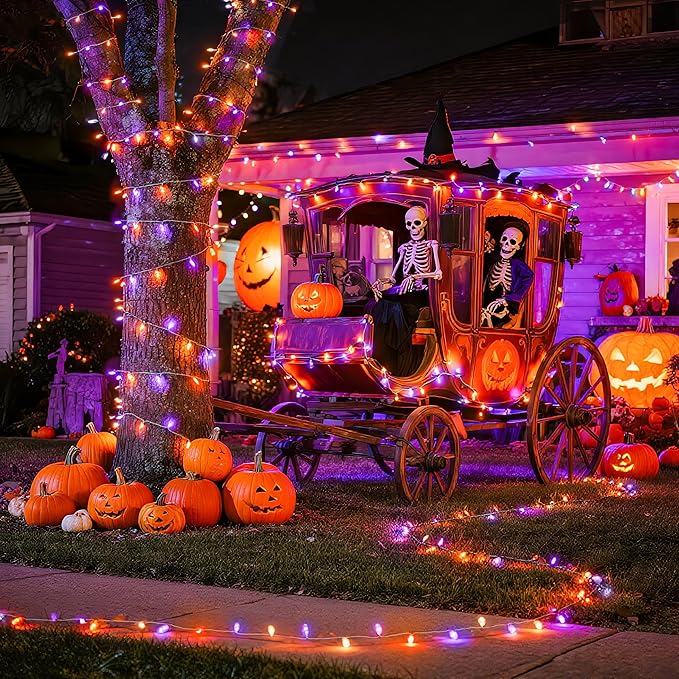 JMEXSUSS 2 Pack Orange Purple Battery Operated Halloween Lights, Each 33ft 100 LED Battery Powered String Lights with Remote Outdoor Indoor
