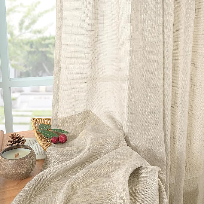 YoungsTex Linen Semi Sheer Curtains 36 Inch Length for Kitchen Cafe Window, Short Light Filtering Drapes Half Window with Rod Pocket Back Tab for Bathroom, Oatmeal, 2 Panels, 34 X 36 Inch