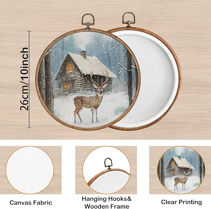 KSDUT Winter Wall Decor Art - Christmas Xmas Woodland Wall Art Canvas Frame Hanging Prints, Vintage Pine Tree Deer Holiday Landscape Round Wall Art Decor for Home Bedroom Decorations 10"x10"