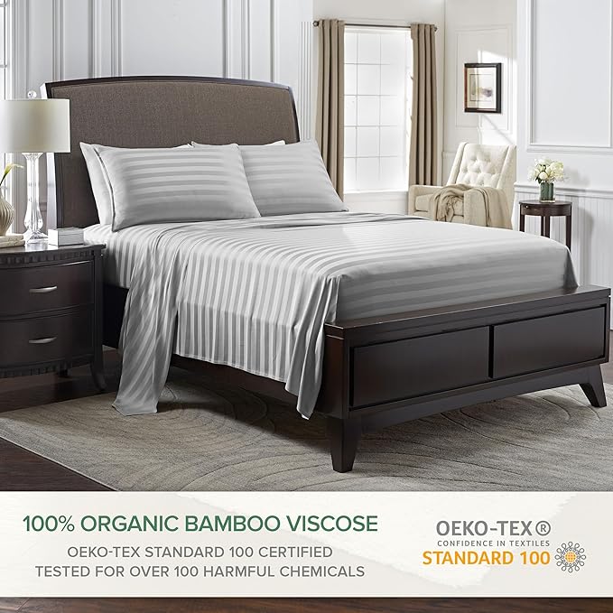 Full Sheets by Pure Bamboo, Genuine 100% Organic Viscose Derived from Bamboo Bed Sheet Set, Luxuriously Soft & Cooling, Double Stitching, Lifetime Quality Promise (Full, Jacquard Silver)