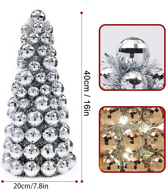 Amooca 16in Christmas Ball Tree with LED Lights Table Centerpiece Fireplace Decor Indoor Holiday Party Home Decoration Silver