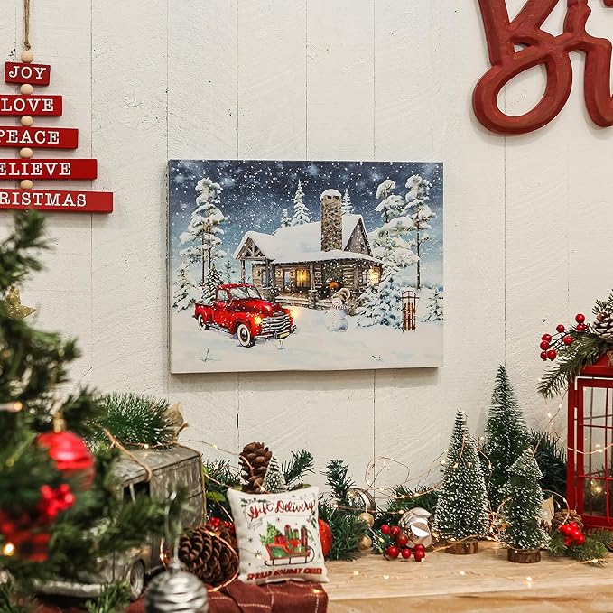 NIKKY HOME 16" x 12" Christmas LED Lighted Canvas Wall Art Prints Light Up Red Truck House and Snowman Picture Winter Snow Scene for Holiday Decor