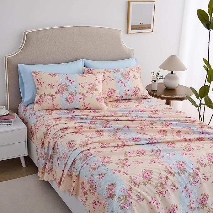 Twin Size Bed Sheets Set Deep Pockets - 6PC Floral Ultra Soft Microfiber Bed Sheets - Easy to Clean, 90 Thread Count Sheets with Fitted Sheet, Flat Sheet & Pillowcases (Beige Floral)