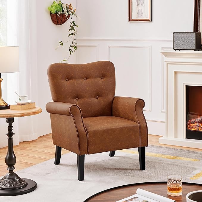 Yaheetech Modern Armchair, Mid Century PU Leather Accent Chair with Sturdy Wood Legs and High Back for Small Space, Upholstered Sofa Club Chair for Living Room/Bedroom, Set of 2, Retro Brown