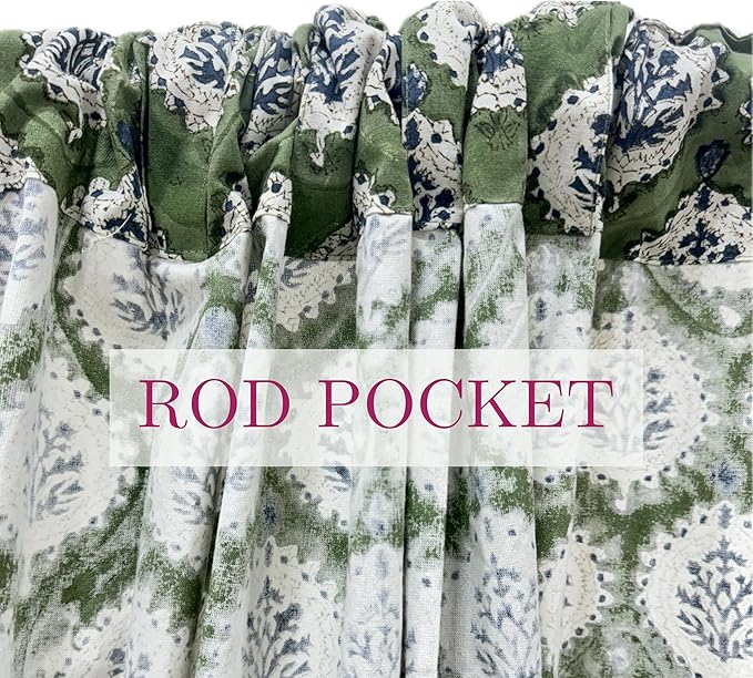 ATOSII 100% Cotton Single Panel Floral Block Print Curtain, Easy Hanging with Rod Pocket & Loop, Living Room, Dining Room, Bedroom Light Filtering Boho Curtains, Set of 1, 60" W X 96" L, Kari Green