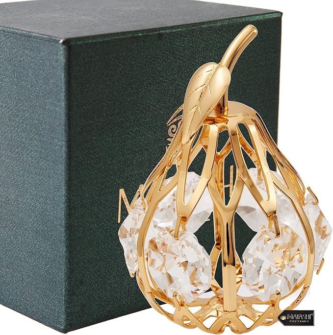Matashi 24K Gold Plated Crystal Studded Mini Pear Ornament with Genuine Crystals for Christmas Decoration Tabletop Birthday Seasonal Gift
