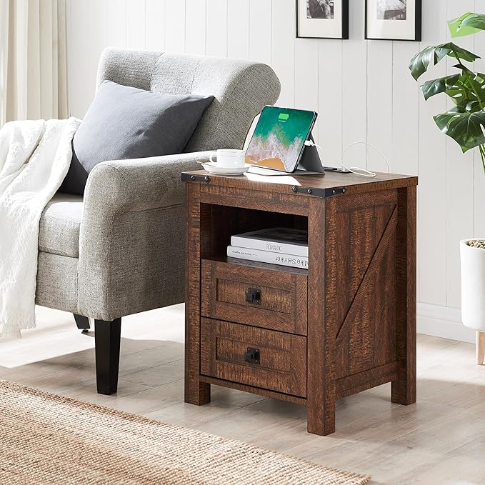 RedLemon Farmhouse Nightstand with Charging Station, Rustic 18 Inch End Table with 2 Storage Drawers and Open Shelf, Wood Sofa Side Table for Bedroom, Living Room (Reclaimed Barnwood)