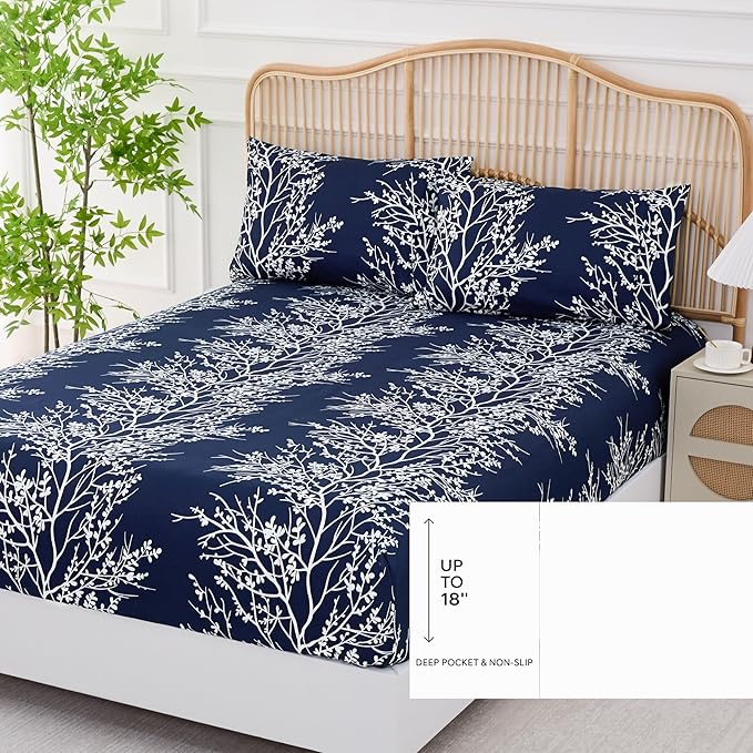 Spirit Linen Bed Sheets Queen Size - Pure Microfiber 4 Piece Polyester Bed Sheets - Soft Sheets Queen for All Seasons (Foliage Navy/White, Queen)