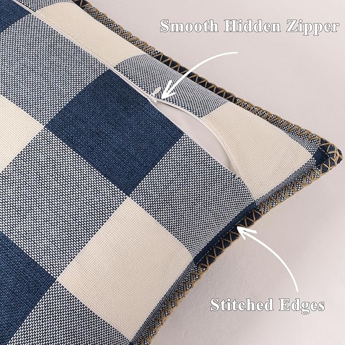 decorUhome Buffalo Plaid Check Throw Pillow Covers 24x24 Set of 2, Outdoor Linen Decorative Farmhouse Gingham Pillow Covers with Stitched Edge for Bed Couch Sofa, Navy Blue and White