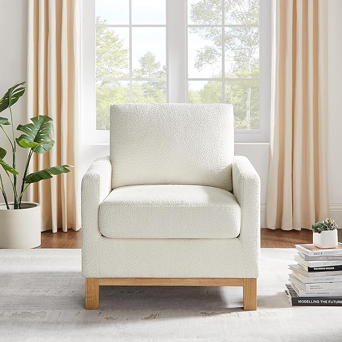 Accent Chair 29.5" Reading Chair, Modern Living Room Chair with Thick Cushion&Wood Base, Comfy Upholstered Boucle Armchair, Single Sofa for Bedroom, Office, White