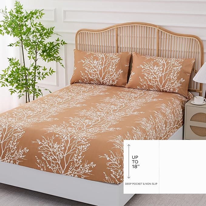 Spirit Linen home Twin Sheets Sets - Pure Microfiber 3 Piece Polyester Bed Sheets, Fitted Sheet & Pillow Cases - Twin Sheets for All Seasons (Foliage Taupe/White, Twin/Twin XL)