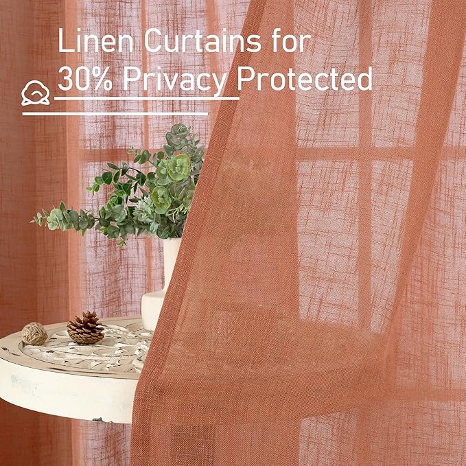 LAMIT Extra Wide Linen Curtains for Bedroom, Terracotta Light Filtering Faux Linen Textured Panels Semi Sheer Back Tab and Rod Pocket Boho Drapes for Living Room, 2 Panels, 60 x 84 Inch