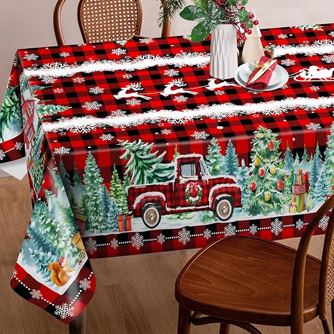 Christmas Tablecloth 60x84 Inches for Rectangle Tables - Red Buffalo Plaid Christmas Decor for Table - Water Resistant Xmas Table Cloth, Party Decorations for Kitchen, Home
