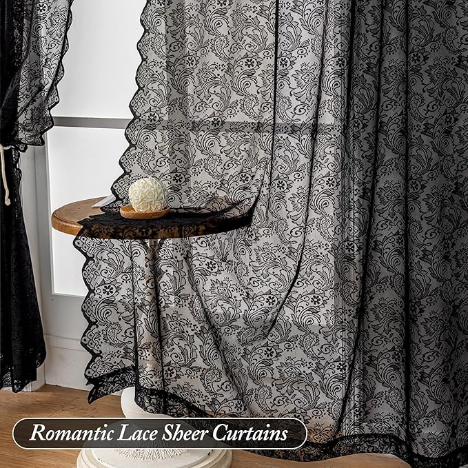 Black Lace Semi-Sheer Curtains 2 Panels – Vintage Floral Lace Halloween Curtains Gothic Privacy Light Filtering Rod Pocket Window Drapes for Bedroom Living Room, 52W x 45L Inch