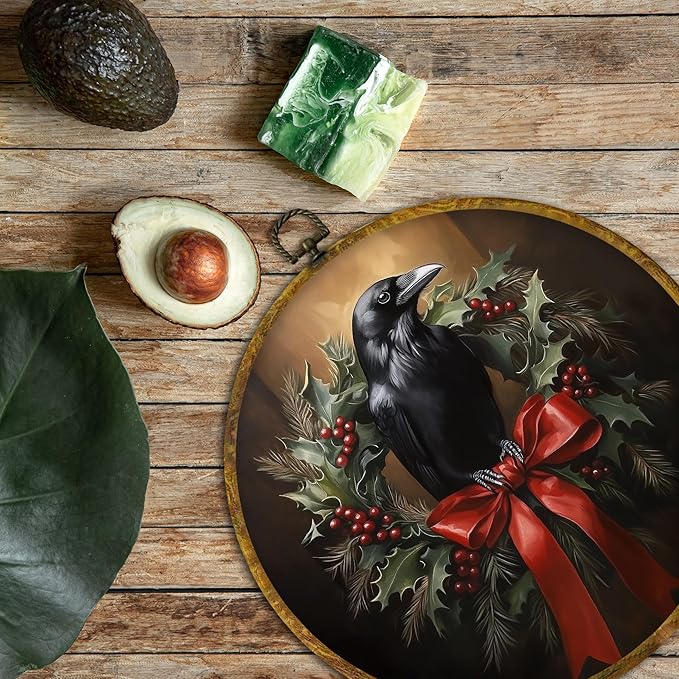 QZQE Christmas Raven Round Wall Art Decor Framed, Dark Academia Moody Crow Circle Canvas Prints, Gothic Rustic Holiday Xmas Crow Circular Wall Hanging Decor for Home Bedroom Living Room, 10x10 Inch