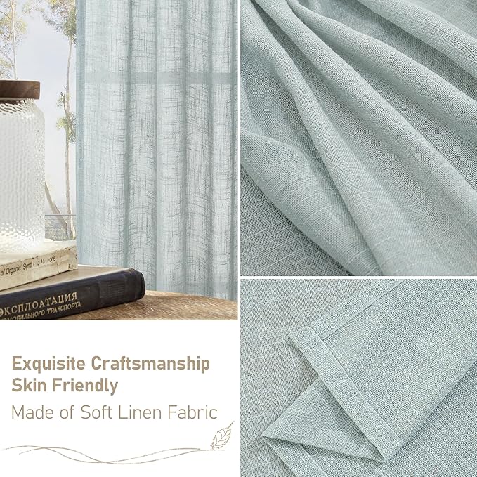 LAMIT Greyish Blue Linen Boho Curtains 84 inch Length 2 Panels, Light Filtering Semi Sheer Panels Back Tab and Rod Pocket Neutral Drapes for Bedroom/Living Room, 34 x 84 Inch