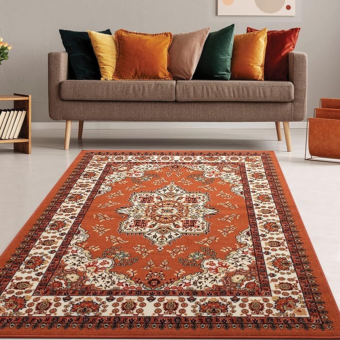 Antep Rugs Alfombras Oriental Traditional 5x7 Non-Skid (Non-Slip) Low Profile Pile Rubber Backing Indoor Area Rugs (Rust Brown, 5' x 7')