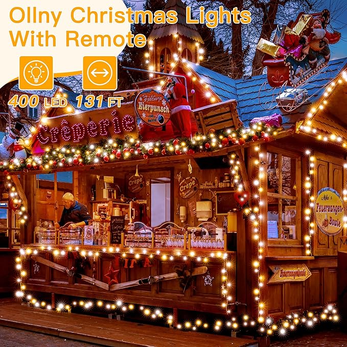 Ollny Warm White and Cool White Christmas Lights Waterproof, 400LED 131FT String Lights with Remote 3 Timer, Plug in 8 Modes Fairy Light for Xmas Tree Indoor Bedroom House Decorations