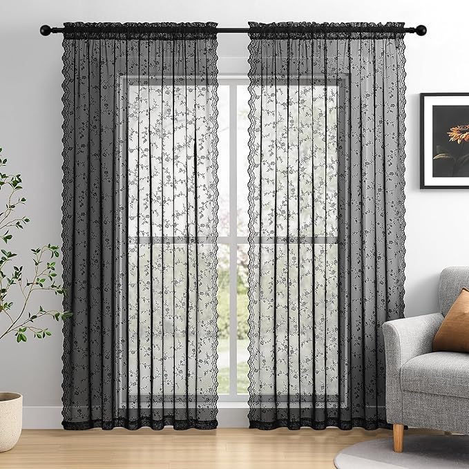 Black Lace Curtains 84 Inches Long, Vintage Floral Light Filtering Sheer Halloween Curtains for Living Room & Bedroom, Rod Pocket, 2 Panels Set, Branch Pattern (Black, 52" W x 84" L)