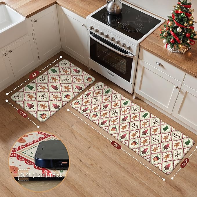 GENIMO Christmas Decorations - Kitchen Mats for Floor, 2PCS Christmas Kitchen Rugs, Cushioned Anti Fatigue Mat for Home Decor, Waterproof Non Slip Standing Mat for Laundry, 17.3"x59"+17.3"x30", Red