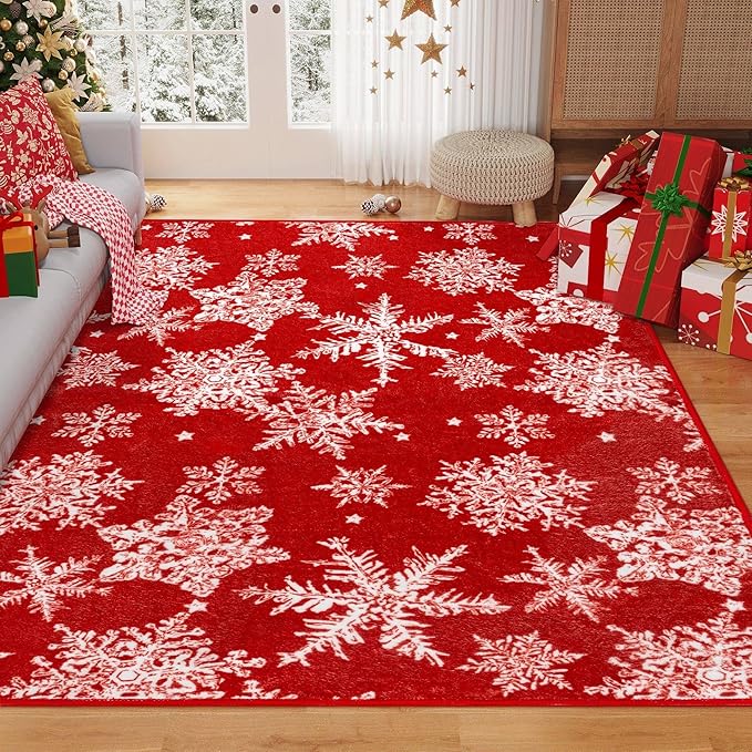 Red Area Rug 5x7 Christmas Living Room Carpet Snowflake Washable Kitchen Mat Xmas Holiday Decor Non Slip Entryway Carpet Indoor Accent Rug Decorative for Dining Room Bathroom