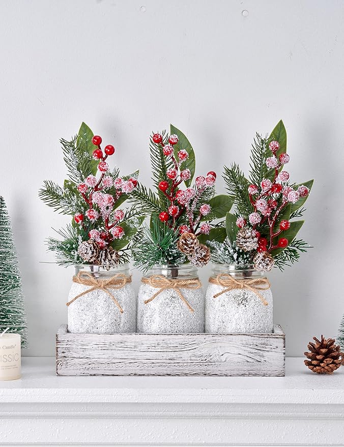 Christmas Centerpieces for Tables, Table Decor with Mason Jar, Flowers Picks, Farmhouse Wood Tray, Christmas Winter Table Decorations Centerpieces, Xmas Holiday, Kitchen, Room, Dining Decor