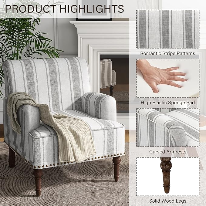 UIXE Stripe Accent Chair Arm Chair, Modern Nailhead Trim Club Armchair with Wood Legs, Comfy Living Room Single Sofa Reading Seat Bedroom Side Seating for Home Office, Gray
