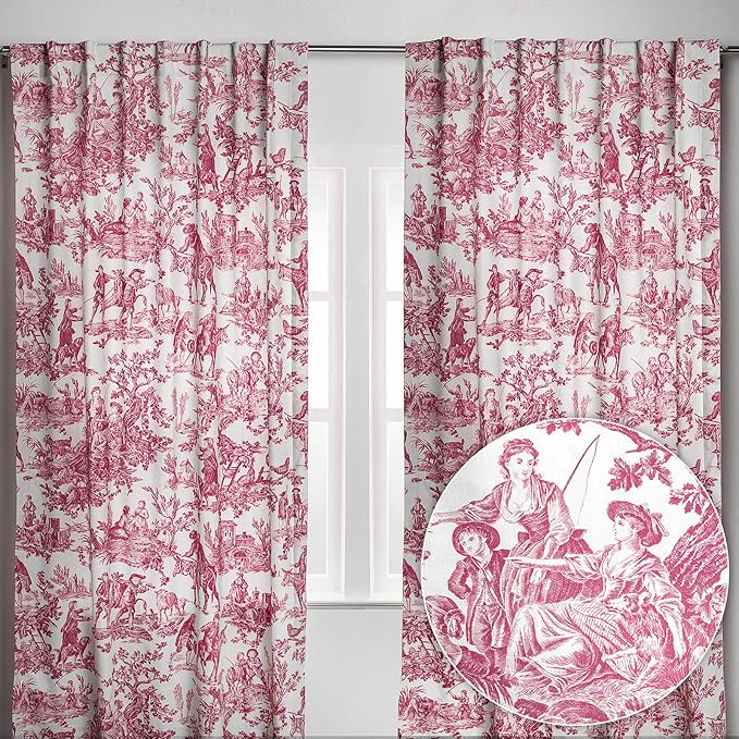 Maison d' Hermine Curtains for living room 100% Cotton 108 inch length Two Panels Light Filtering Toile Curtains for Bedroom with rod and loop Pockets (The Miller Red (White Background), 50"W x 108"L)