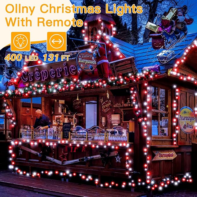 Ollny Red and White Christmas Lights Waterproof, 400LED 131FT String Lights with Remote 3 Timer, Plug in 8 Modes Fairy Light for Xmas Tree Indoor Bedroom House Party Wedding Decorations